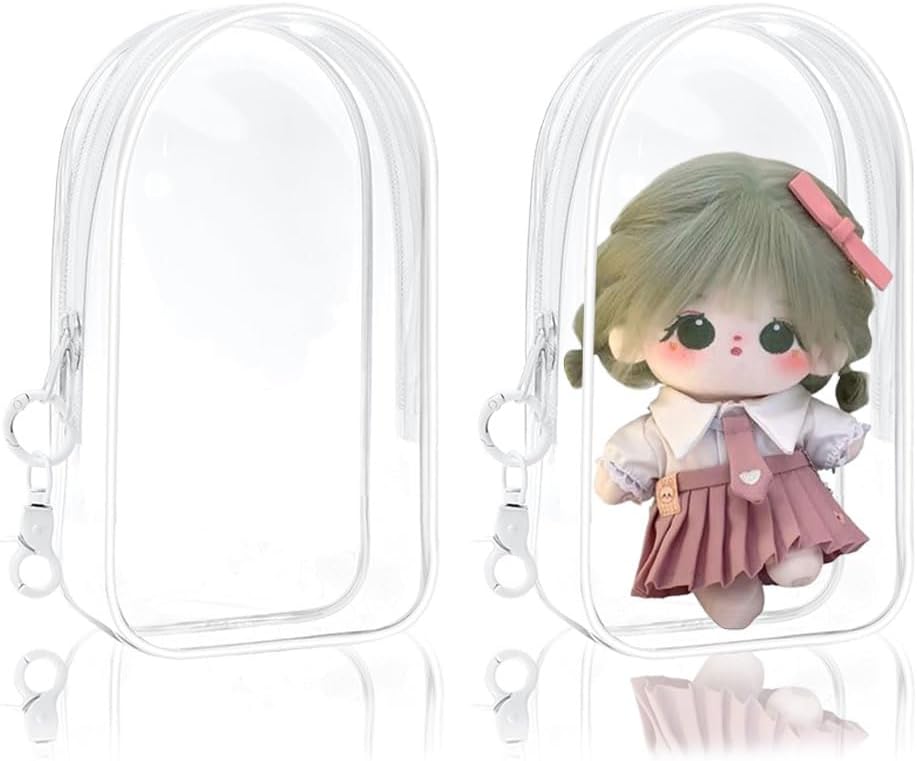 Clear Figure Display Bag with Keychain, 2 PCS Portable Small Doll Storage Bag Dustproof Pouch Keychain Charms for Showing Off Blind Boxes Mini Figures Collectibles