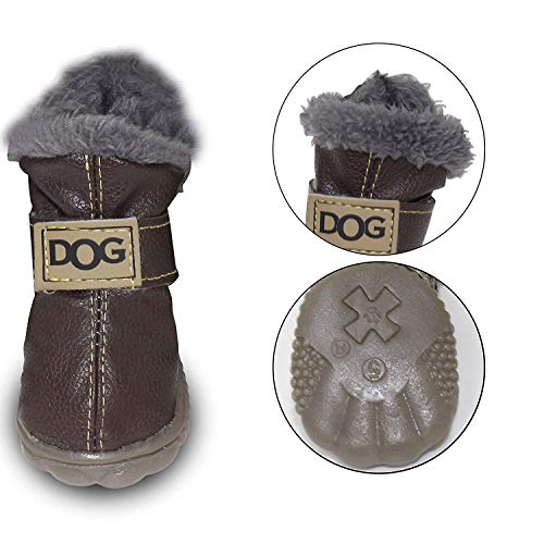 Besuntek Dog Boots Waterproof Shoes Pet Shoes Winter Warm Skid Proof Sneakers Anti-Slip Sole Paw Protectors Small Puppy Shoes 4Pcs (4#-Paw L*W=1.89" X 1.65", Brown) #TOP2