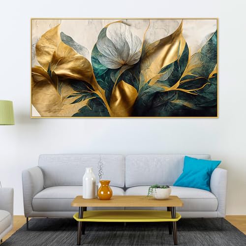 Image of DEKORSTATION Luxurious Golden Flower Canvas Art Elegant Floating Framed Painting for Bedroom, Living Room, Drwaing Room Wall Decoration Size : 18x36 Inches