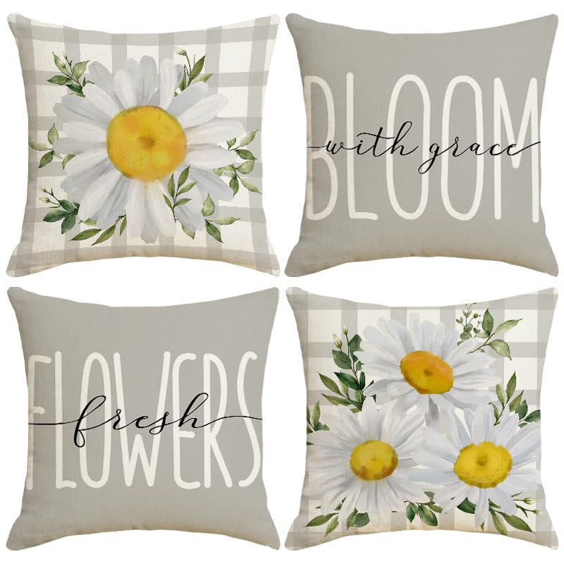 YOKUPOTAC Cushion Covers 45x45 cm Set of 4, Soft Velvet Neutral Daisy Farmhouse Throw Pillow Case, Square Beige Buffalo Plaid Decorative Throw Pillowcase for Sofa Couch Living Room Bedroom