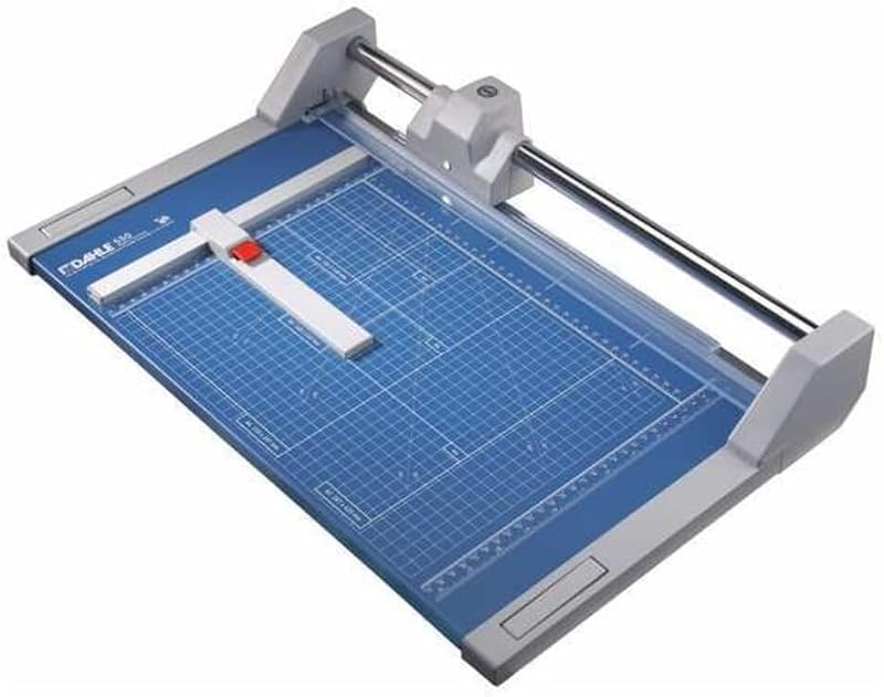 Recortadora rotativa profesional Dahle 550, longitud de corte de 14", capacidad para 20 hojas, autoafilable, barra guía doble, abrazadera automática, cortador de papel de ingeniería alemana
