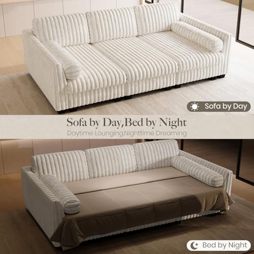 Image of Belffin Plush Corduory Sectional Sleeper Sofa with Wide Deep Seat Modular Sectional Cloud Couches for Living Room. Beige Couch
