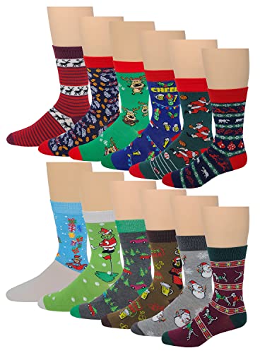 12 Pairs / 6 Pairs Men Colorful Fashion Design Dress socks 10-13 (12 Pairs Christmas W/Box #2)2