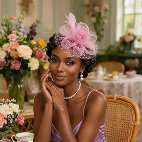 Image of DRESHOW Fascinators Hat Flower Mesh Ribbons Feathers on a Headband and a Clip Tea Party Headwear for Girls and Women