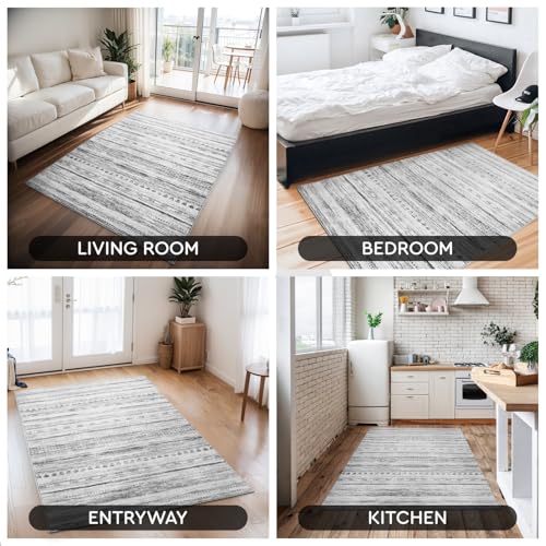 3x5 Area Rug Machine Washable Non Slip Rug Distressed Neutral Moroccan Boho Rug Ultra Soft Indoor Rugs for Bedroom Living Room Entryway Kitchen Foyer Bedside, Black
