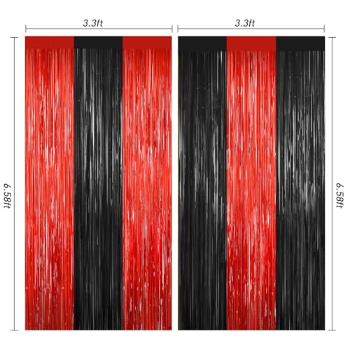 Image of 2Pack Black Red Backdrop Curtains Party Decor, Door Streamers Photo Booth Backdrop Metallic Party Streamer Tinsel Foil Fringe Curtains Backdrop Halloween Baby Shower Bachelorette Xmas Party Decors