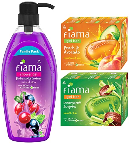 Image of Fiama Shower Gel, Family pack&Fiama Gel Bar, Lemongrass And Jojoba for Smooth Skin, With Skin Conditioners, 125g (Pack Of 3)&Fiama Gel Bar Peach and Avocado for moisturized