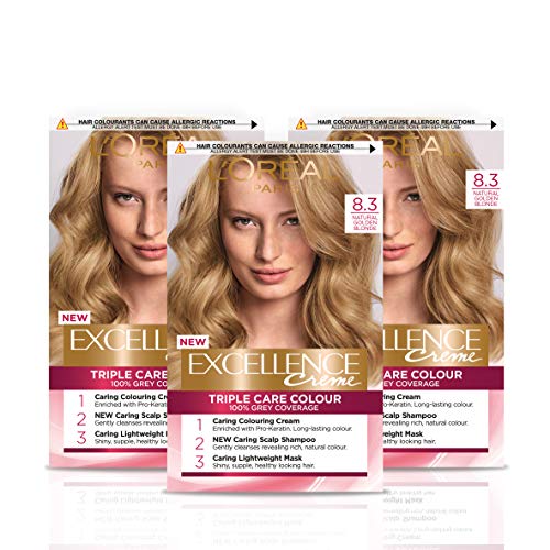 L'Oréal Paris Excellence Crème Permanent Hair Dye, Radiant At-Home Hair Colour with up to 100% Grey Coverage, Pro-Keratin, Up to 8 Weeks of Colour, Pack of 3, Colour: 8.3 Natural Golden Blonde