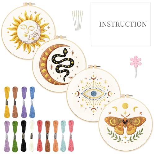 Image of INFUNLY 4pcs Evil Eyes Embroidery Starter Kit for Beginners Moth Cross Stitch Kits for Adults Sun and Moon Stars Snake Stamped Stitches Embroidery Sewing Kit with Patterns Instructions for DIY