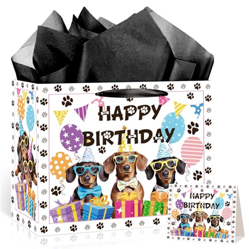 Large Dog Birthday Gift Bag Set with Tissue Paper and Greeting Card Dachshund Dogs Happy Birthday Bag Dachshund Doggy Puppy Dog Pet Paw Gift Wrapping Paper with Handles for Girl Boy Kids Men Women