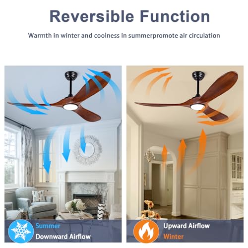 Image of 52-inch silent ceiling fan light with remote control, 3CCT, walnut finish. | 3CCT, mobile app, full memory function, for use in living rooms, dining rooms, bedrooms, offices, balconies, and outdoors.
