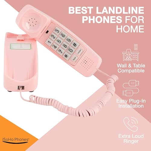 Landline Phones For Home - Wall House Telephones - Corded Phone For Seniors - Retro Home Phone - Old Phone Improved Version Of Landline Phone - Analog Phone -Big Button, Isoho Phones (Ladies Pink) #TOP1