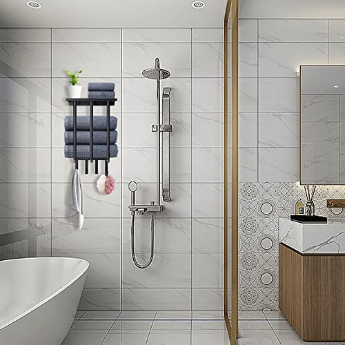 Bathroom Towel Rack With 4 Hooks - Wall Mount Towel Holder For Bathroom, Stylish Black Design With Metal Shelf, Ideal Bathroom Storage Organizer And Decor #TOP3