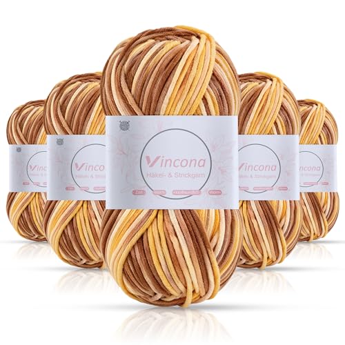 Vincona Häkelgarn，5x50 g Wolle zum Häkeln，Bunt Farbverlauf Acrylgarn zum Häkeln，Wolle zum Häkeln und Stricken, Handstrickgarnsets Geeignet zum Stricken von Puppen, Pullovern, Schals, Mützen