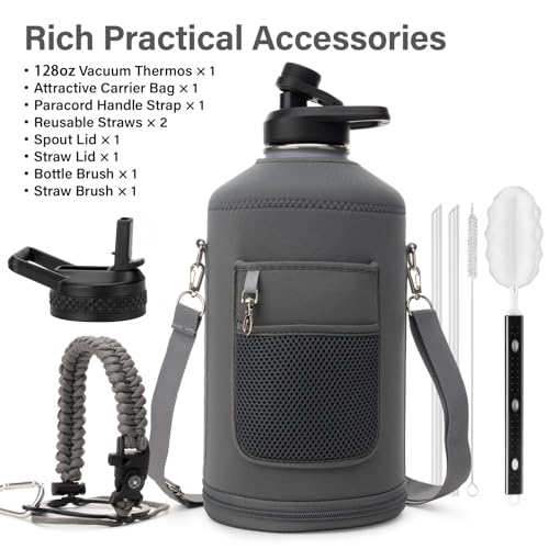 1 Gallon Water Bottle Insulated | Thickened Stainless Steel Vacuum Metal Water Jug | Portable Sports Large for Gym and Hiking with Straw, Carrier Bag, Handle Strap | BPA-Free 128 oz