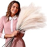 6PCS Faux Pampas Grass Large 35'/90CM Tall (Cream/Beige Color) Artificial Pompous Grass Pompass Branches Fake Fluffy Stems Plants Floor Vase Filler for Home Boho Decor Flower Arrangement