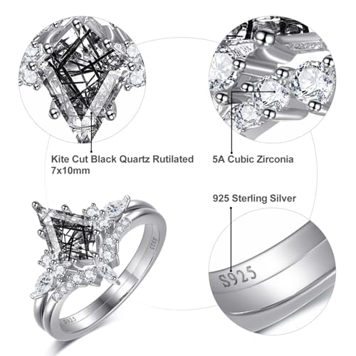 Kite Cut Engagement Ring - Black Rutilated Quartz Ring Set in 925 Sterling Silver - Women's Size 9 Wedding Ring Set3