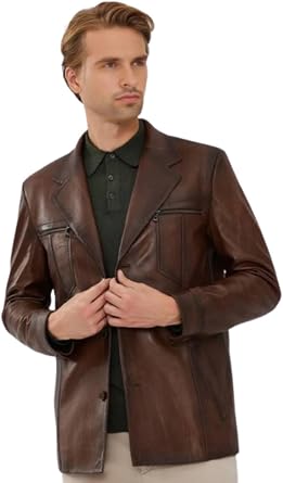 Soft Italian Lambskin Leather Sport Coats with Button Closure - Vintage Brown Blazer Leather Coat for Mens