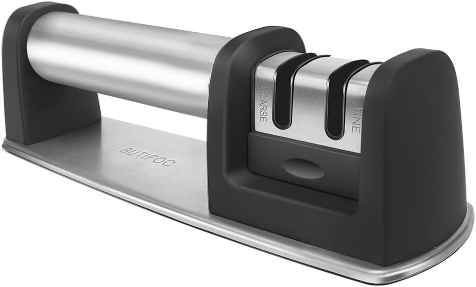 Premium Chef Kitchen Knife Sharpener, 2 Stage Knife Sharpening System - Tungsten Carbide and Ceramic Rod, Safe Non-slip Base, Chefs Kitchen Tools, for Stainless Steel and Ceramic Knives