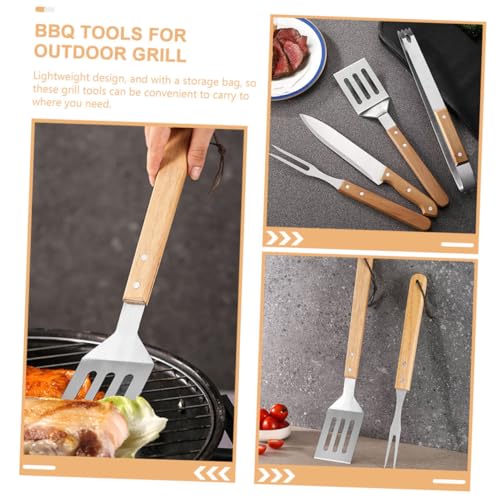 Kit de utensilios para parrilla de acero inoxidable con mango de madera miniatura 5