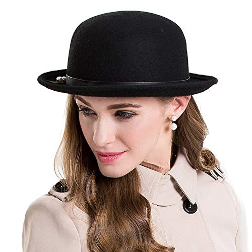 F FADVES Wide Brim Fedora Womens Wool Felt Hats with Ribbon Cloche Bowler Hat Church Formal Caps Black