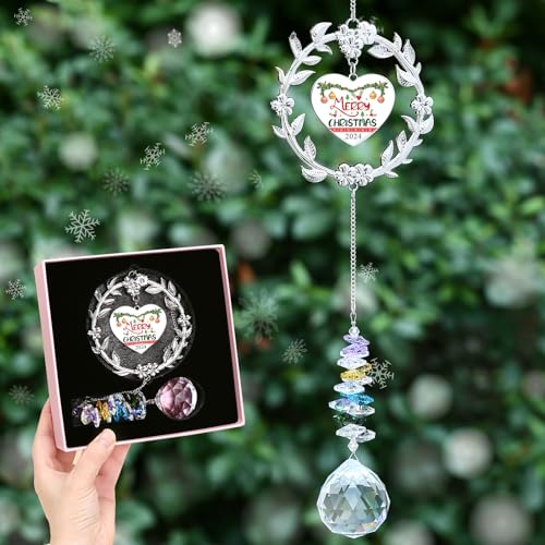Christmas Ornament Window Crystal Prism Sun Catcher Happy New Year Message, Rainbow Maker Hanging Decoration Gifts for Women, Sun Catcher Hanging Gift Ideas for Christmas Tree (Merry Xmas)