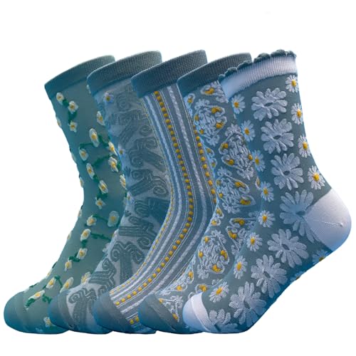 Image of 5 Pairs Floral Socks Women Trendy Flower Socks Embroidered Vintage,Girls Cute Sweet Nordic Textured Cotton Socks