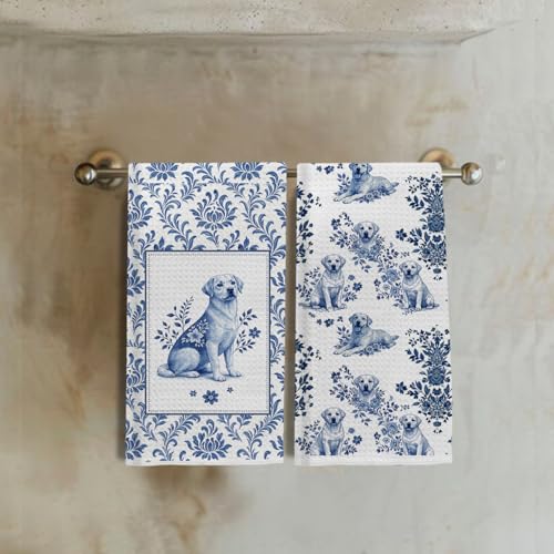 Image of Chinoiserie Labrador Retriever Kitchen & Hand Towels Set of 2, Blue and White Floral Dog Dish & Tea Towels for Kitchen Bathroom Decor, Vintage Toile Dog Lover Gifts for Women 16x24 Inch