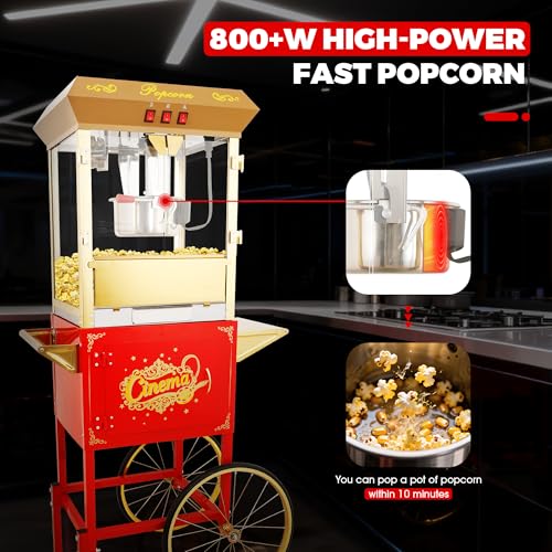 Image of Popcorn Machine with Cart & 16oz kettle for Home /Commercial (Red)