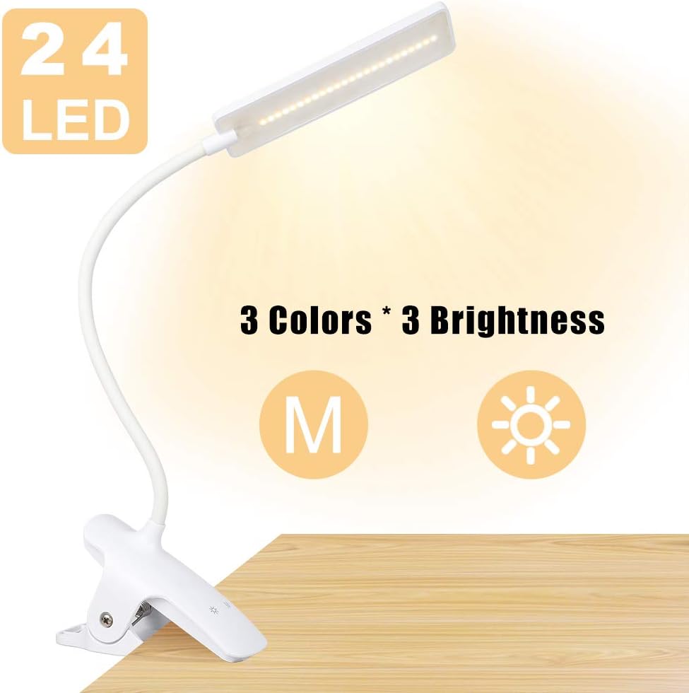 Clip-on 3 Mode 24 LED Book Light - Flexible Neck, Touch Control, USB Rechargeable Desk Lamp for Reading, Travel, Tablet
