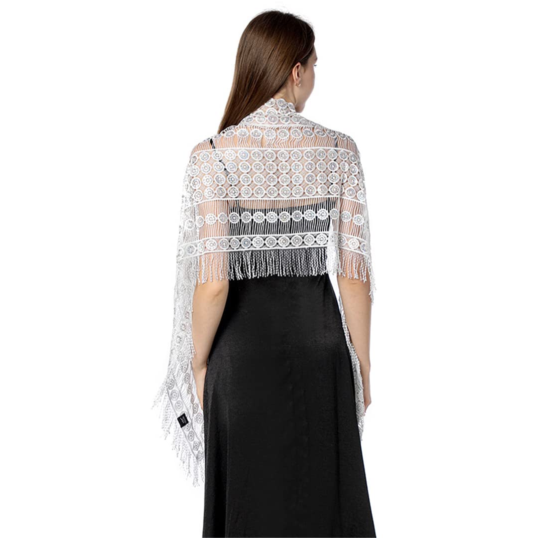 Sciarpa in pizzo e rete, Scialle da sera con nappa donna ricamo paillettes multicolore