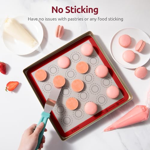 Image of 446ºF Heat Resistant Macaron Mat: U-Taste 11x11in Non Stick Silicone Baking Mat, Reusable Cookies Pastry Sheet Liner with Edge Enhancement & Circle Measurement for Square Cake Pan (2 PCS, Red)