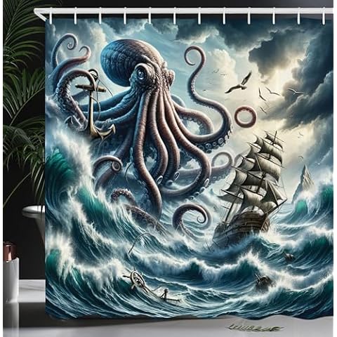 ABAKUHAUS Nautical Shower Curtain with Hooks Cover