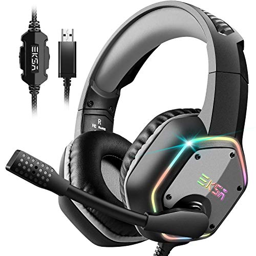EKSA E1000 Gaming Headset für PS4 PC, Over-Ear Gaming Kopfhörer mit 7,1 Surround Sound 50MM Treiber und Rauschunterdrückung Mikrofon, buntes RGB-Licht, für Laptop Mac Tablet (Schwarz)