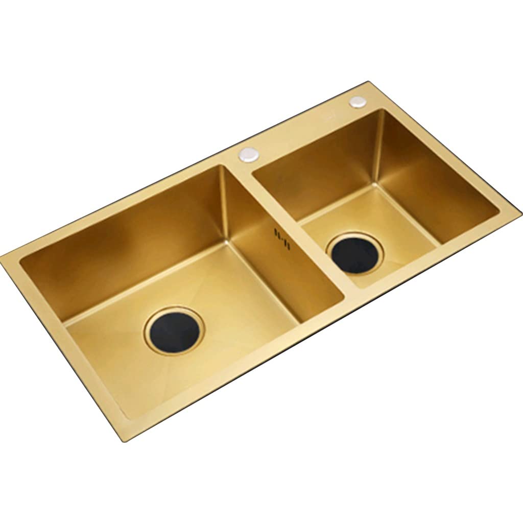 ZQFHSX Sinks Double Bowl 304 Stainless Steel Gold Kitchen With Drain Rack Drop In (Color : Gold, Size 80x45cm)