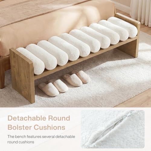 Tribesigns 59'' Upholstered End of Bed Bench with Rolled Cushions, Wooden Entryway Bench with Cream Finish Boucle Fabric for Bedroom, Living Room (Removable Cushion) by Tribesigns - Used condition - Image 6