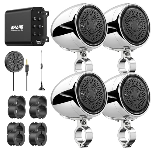 Ehaho Motorcycle Speakers Bluetooth Waterproof 4 Pack, 1200W 4' Stereo Audio System with Class-D Amplifier, FM Radio, USB, 0.75-1.25' Handlebar Mount Kit for Harley ATV UTV Golf Cart - Silver