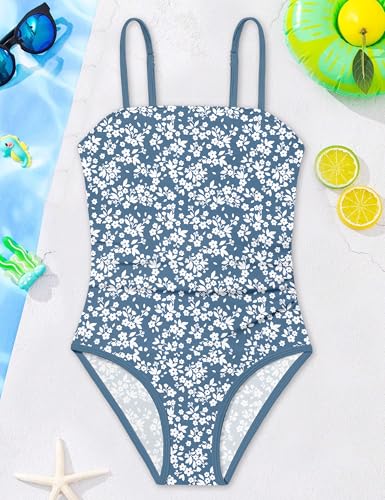 Image of Shallmu Girls One Piece Swimsuits Color Block Dual Crossback Straps with Cover Up Skirt Girl's Swimwear 9-16Y