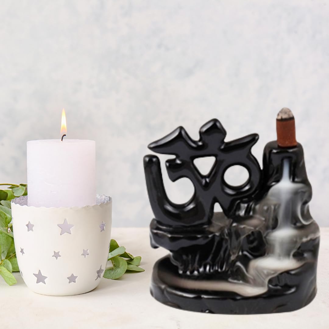 J Jiyansh Creation Handcrafted of Black OM Smoke Fountain Ceramic Incense Holder with 30 Units of Backlfow Incense Cones (14 CM, Ceramic Material)