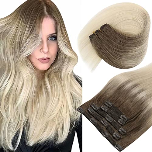 Sunny Clip in Hair Extensions Brown Ombre Human Hair Extensions Clip in Light Brown to Platinum Blonde Ombre Double Weft Clip in Extensions Full Head 20inch 7pcs 120g