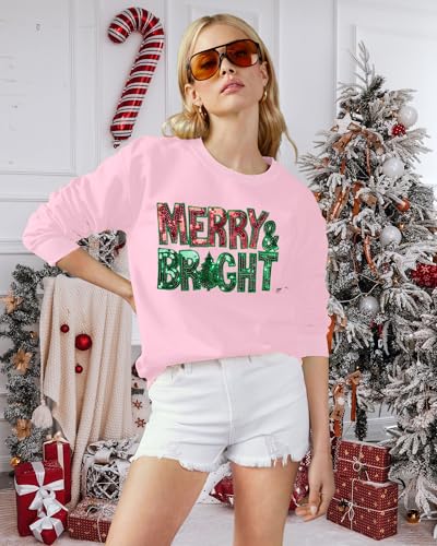 Image of Christmas Sweatshirt Women Merry and Bright Christmas T-Shirt Funny Xmas Lights Blouse Tops Holiday Shirts