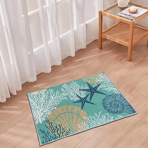 Tritard Coastal Area Rug 2x3 - Small Machine Washable Foldable Throw Rugs Non-Slip Beach Ocean Entryway Doormat Indoor Entrance Carpet for Kitchen Bathroom Laundry Bedroom Living Room, Teal