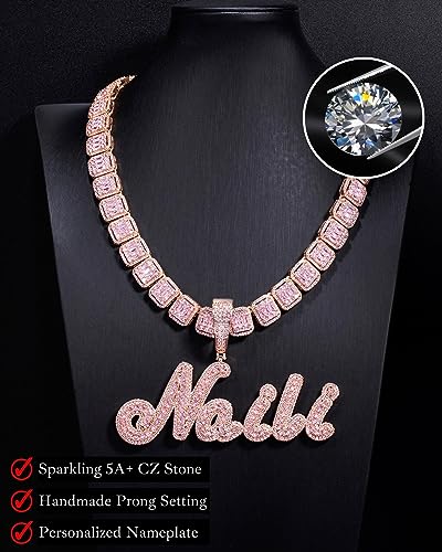 Iced Out Custom Name Necklace With Cuban Link Chain For Man And Women, Hip Hop 14K Real Gold Plated Personalized Initial Letter Pendant Necklaces, Handmade Customized Nameplate Jewelry Gifts For Girls (Rose Gold/Pink) #TOP3