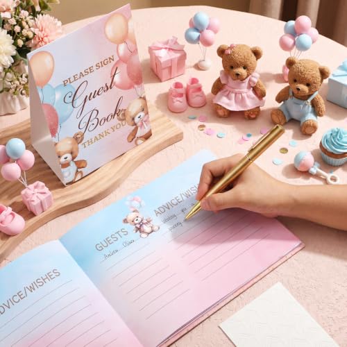 Image of Fuyoooo 27 Pcs Blue and Pink Bear Baby Shower Guest Book Set Baby Shower Sign in Guest Balloon Book Place Table Cards with Gold Pen Adhesive Photo Corner for Blue Pink Bear Theme Birthday Party