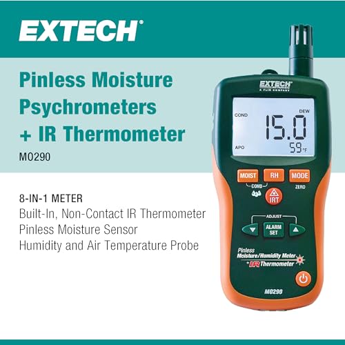 Image of Extech MO290 Pinless Moisture Psychrometer with IR Thermometer | 8-in-1: pin /pinless moisture, humidity, dew point, vapor pressure, IR 8:1 ratio, alarms, remote pin probe