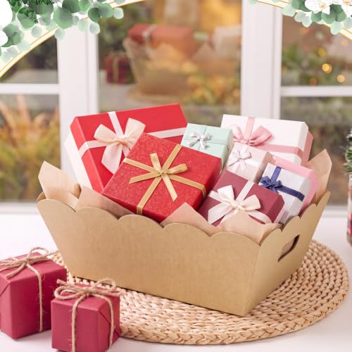 Image of Fuyoooo 8 Pack Kraft Baskets for Gifts Empty to Fill, Sturdy 10 inch x 12 inch Scalloped Edged Empty Gift Basket Kit Bulk with Handles, 8 Wrap Bags, 16 Tissue Paper and 8 Bows for Wedding Party
