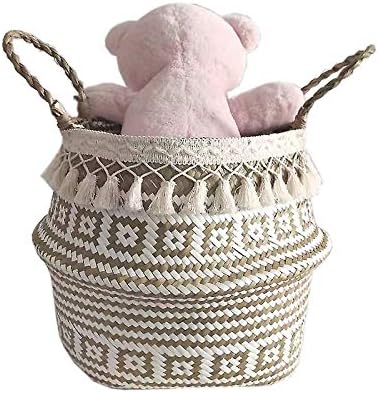 Natural Seagrass Storage Basket - GOODCHANCEUK Seagrass Belly Basket With White Tassel Foldable Woven PomPom Basket With Handle for Laundry, Toys or Planters,Nursery Floral Texture Style#16 32x28CM