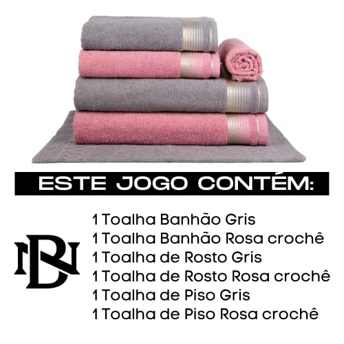 Jogo De Toalhas Gigante Super Absorção - 6 Peças Berlim 100% Algodão (Gris + Rosa Crochê)