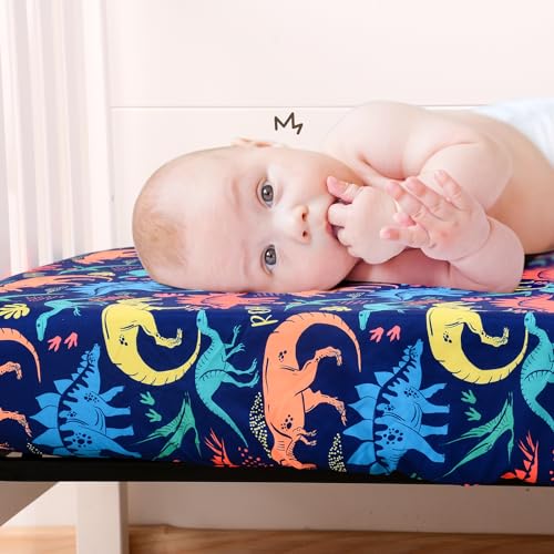 Image of Cloele 3 Piece Crib Bedding Set for Boys,Dinosaur,Quilt,Sheet&Pillowcase | Include Soft Baby Comforter,Breathable Fitted Sheet & Pillowcase,Navy Blue Nursery Baby Bedding for Boys