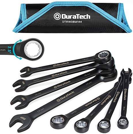DURATECH Ratcheting Combination Wrench Set, 144-P, Double-Stacked Pawls, 8 Piece, Metric, 8, 10, 11, 12, 13, 14, 15, 17mm, CR-V Steel, Black Chrome Plated, with Organizer Pouch